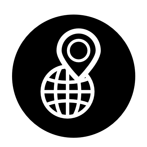 World with a pin symbol in a circle
