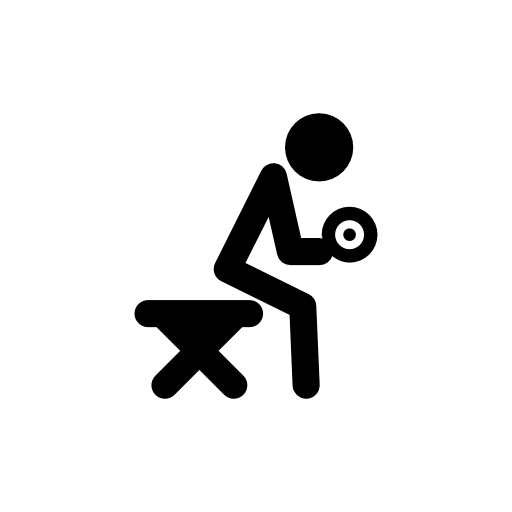 Sitting cartoon man carrying dumbbell side view