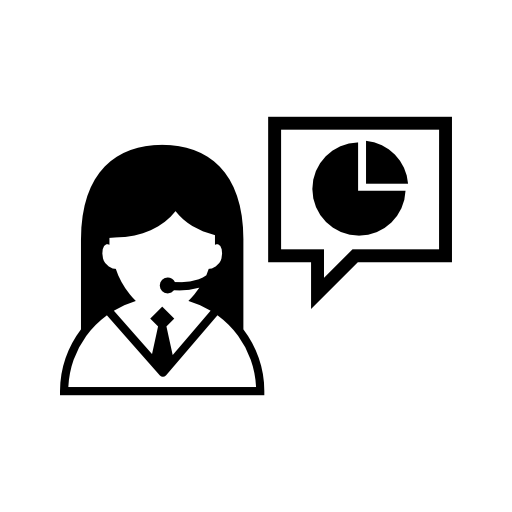 Woman talking of business percentages in a call center with a speech bubble and headset