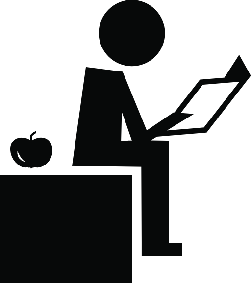 Teacher reading sitting on his desktop with an apple on his right