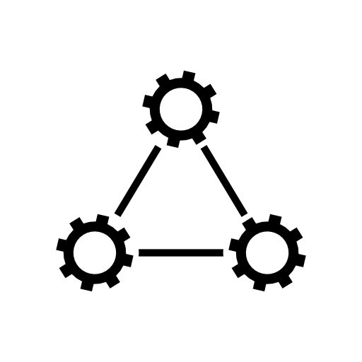 Three cogwheels linked by lines in triangular shape