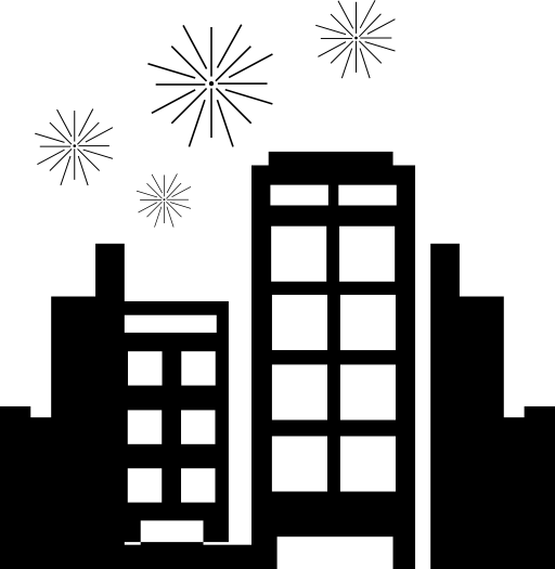 Celebration with artificial fires at sky over a city