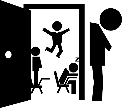 Open class door with student in different attitudes and the teacher tired and resigned out with head down