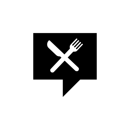 Restaurants news symbol of a cross of fork and knife inside a black speech bubble