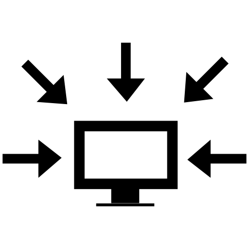 Computer data interface symbol of a monitor surrounded by arrows pointing to it